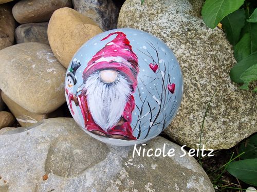 Terrakotta-Kugel * Wichtel * handbemalt * 12 cm * Schneemann Winter Schnee Herz